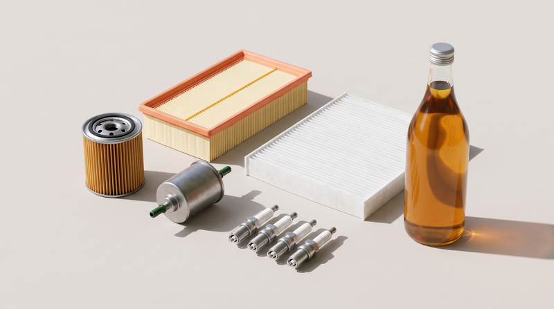 Filters, spark plugs and engine oil